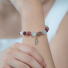 Load image into Gallery viewer, Princess Garnet (Garnet, Strawberry Quartz, Frosted Clear Quartz, Gold Plated Angel Charm) Crystal Bracelet