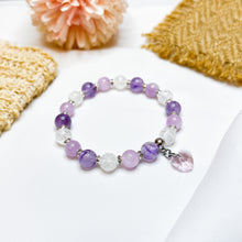 Load image into Gallery viewer, Violet Hearts (Kunzite, Lavender Quartz, Frosted Clear Quartz, Silver Heart Charm) Crystal Bracelet