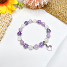 Load image into Gallery viewer, Violet Hearts (Kunzite, Lavender Quartz, Frosted Clear Quartz, Silver Heart Charm) Crystal Bracelet