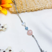 Load image into Gallery viewer, Dainty Luna (Rose Quartz Heart, Rainbow Moonstone Heart, Aquamarine) Crystal Signature Tennis Chain Bracelet