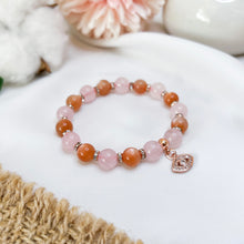 Load image into Gallery viewer, Orange Sunstone x Rose Quartz Crystal Bracelet (Rose Gold Evil Eye)