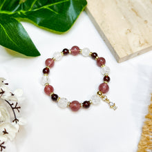 Load image into Gallery viewer, Princess Garnet (Garnet, Strawberry Quartz, Frosted Clear Quartz, Gold Plated Angel Charm) Crystal Bracelet