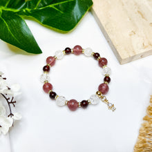 Load image into Gallery viewer, Princess Garnet (Garnet, Strawberry Quartz, Frosted Clear Quartz, Gold Plated Angel Charm) Crystal Bracelet