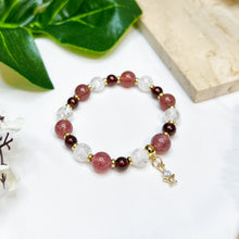 Load image into Gallery viewer, Princess Garnet (Garnet, Strawberry Quartz, Frosted Clear Quartz, Gold Plated Angel Charm) Crystal Bracelet