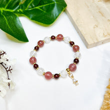 Load image into Gallery viewer, Princess Garnet (Garnet, Strawberry Quartz, Frosted Clear Quartz, Gold Plated Angel Charm) Crystal Bracelet