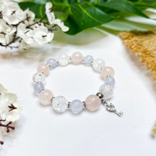 Load image into Gallery viewer, Misty Dew (Rose Quartz, Blue Chalcedony, Frosted Clear Quartz, Silver Heart Key Charm) Crystal Bracelet