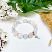 Load image into Gallery viewer, Misty Dew (Rose Quartz, Blue Chalcedony, Frosted Clear Quartz, Silver Heart Key Charm) Crystal Bracelet