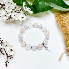 Load image into Gallery viewer, Misty Dew (Rose Quartz, Blue Chalcedony, Frosted Clear Quartz, Silver Heart Key Charm) Crystal Bracelet