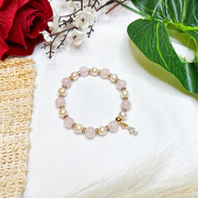 Load image into Gallery viewer, Rose Angel Pearl Crystal Bracelet (Rose Quartz, Freshwater Pearls, Gold Angel Charm)