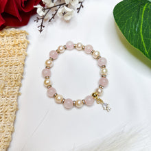 Load image into Gallery viewer, Rose Angel Pearl Crystal Bracelet (Rose Quartz, Freshwater Pearls, Gold Angel Charm)
