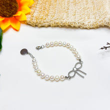Load image into Gallery viewer, Freshwater Pearls Ribbon Charm Crystal Chain Bracelet
