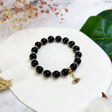 Load image into Gallery viewer, Black Tourmaline (Gold Evil Eye) Crystal Bracelet