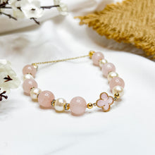 Load image into Gallery viewer, Rose Pearl Magnetic Crystal Bracelet (Rose Quartz, Pearl, Gold Clover Charm)