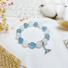 Load image into Gallery viewer, Aquamarine x Frosted Clear Quartz (Silver Tail Charm) Crystal Bracelet