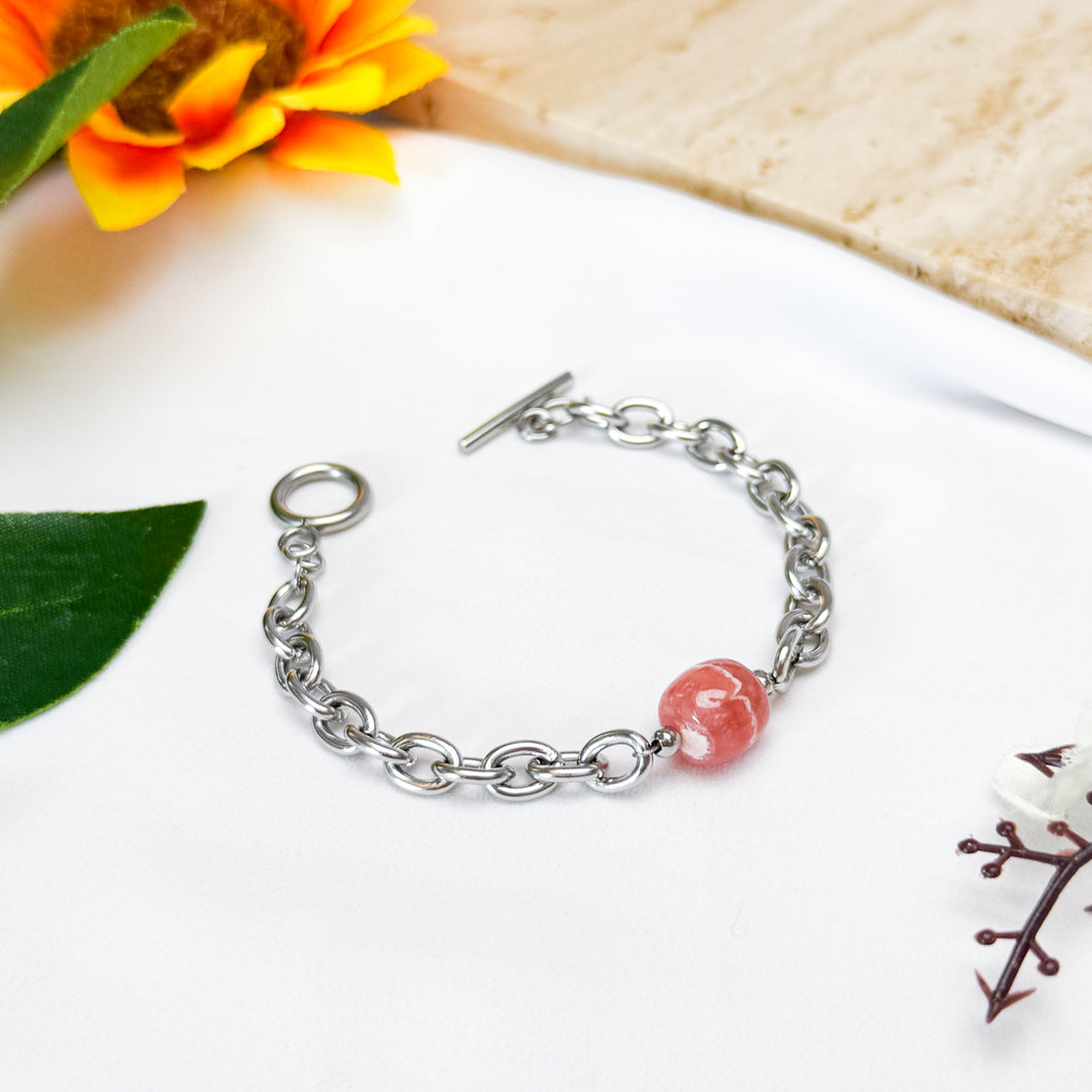 Rhodochrosite Drum 304 Stainless Steel Crystal Chain Bracelet