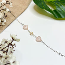 Load image into Gallery viewer, Pearly Rose Hearts Crystal Stainless Steel Chain Bracelet (Rose Quartz, Freshwater Pearls)
