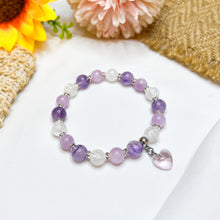 Load image into Gallery viewer, Violet Hearts (Kunzite, Lavender Quartz, Frosted Clear Quartz, Silver Heart Charm) Crystal Bracelet

