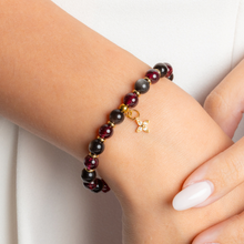 Load image into Gallery viewer, Mini Dahlia (Silver Sheen Obsidian, Garnet) Crystal Bracelet

