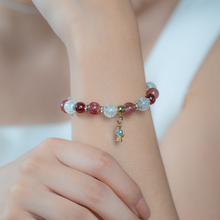 Load image into Gallery viewer, Princess Garnet (Garnet, Strawberry Quartz, Frosted Clear Quartz, Gold Plated Angel Charm) Crystal Bracelet
