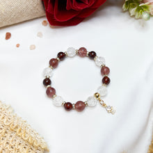 Load image into Gallery viewer, Princess Garnet (Garnet, Strawberry Quartz, Frosted Clear Quartz, Gold Plated Angel Charm) Crystal Bracelet
