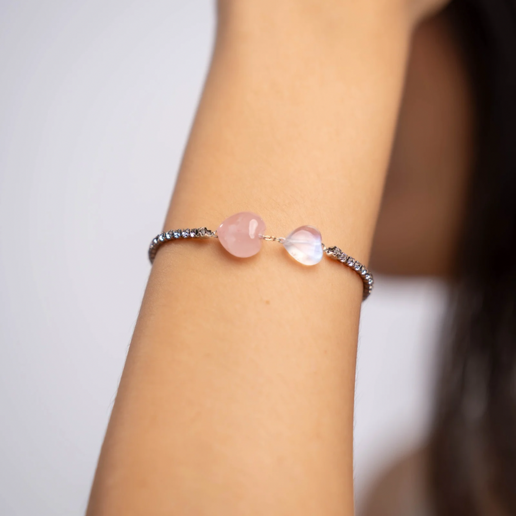 Rose Moon Heart (Rose Quartz, Rainbow Moonstone) Crystal Signature Tennis Chain Bracelet