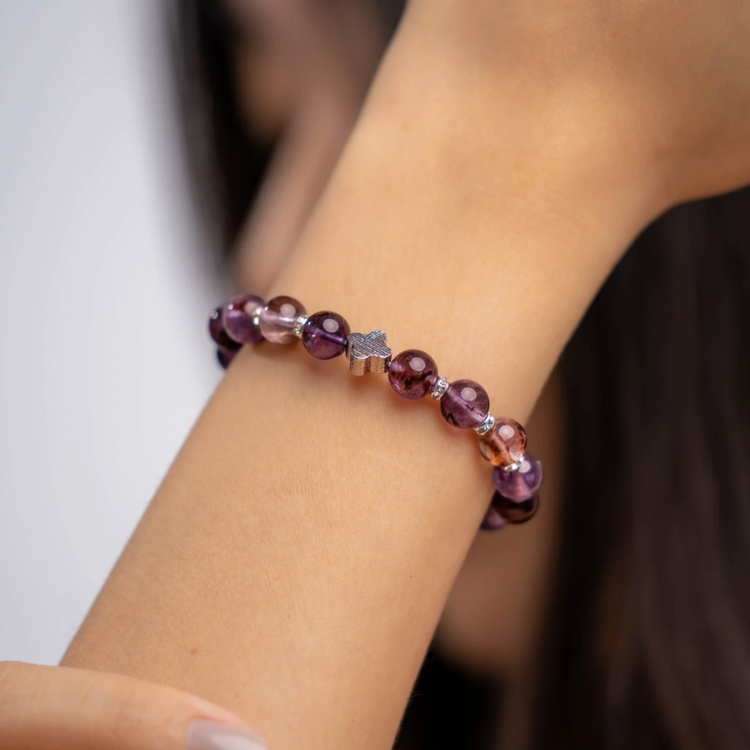 Amethyst Phantom with Meteorite Clover Charm Crystal Bracelet