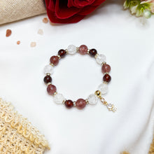 Load image into Gallery viewer, Princess Garnet (Garnet, Strawberry Quartz, Frosted Clear Quartz, Gold Plated Angel Charm) Crystal Bracelet
