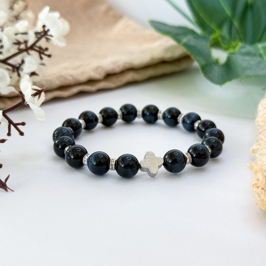 Blue Tiger's Eye with Meteorite Clover Charm Crystal Bracelet