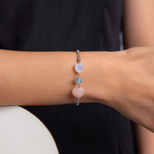 Load image into Gallery viewer, Dainty Luna (Rose Quartz Heart, Rainbow Moonstone Heart, Aquamarine) Crystal Signature Tennis Chain Bracelet
