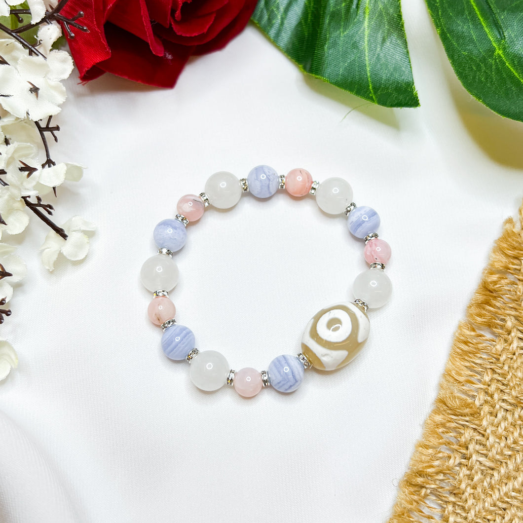 3-Eyed Dzi Agate Bead (Fortune & Wealth Hook, Pink Opal, White Jade, Blue Lace Agate) Crystal Bracelet