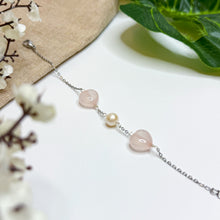 Load image into Gallery viewer, Pearly Rose Hearts Crystal Stainless Steel Chain Bracelet (Rose Quartz, Freshwater Pearls)
