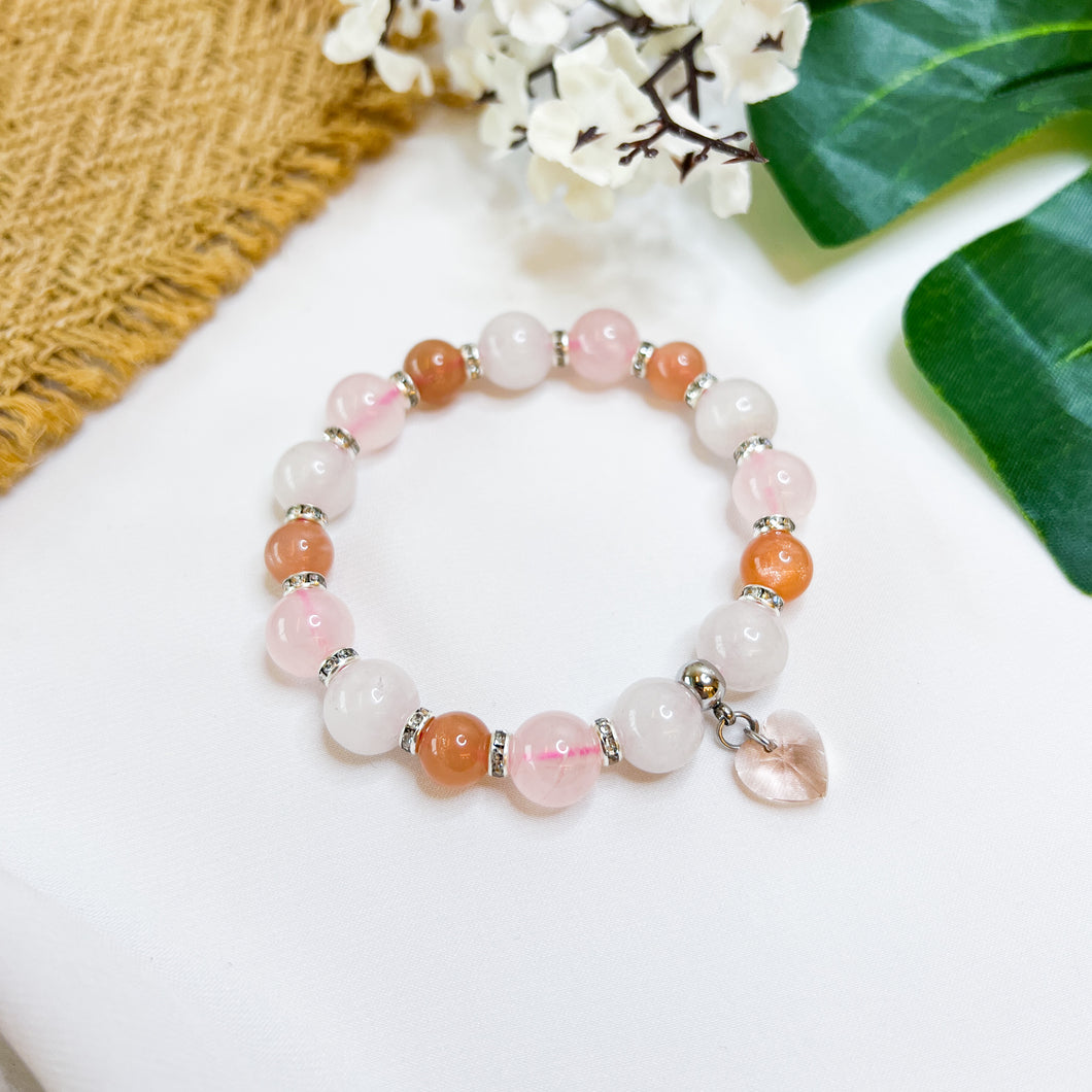 Honey Peach (Rose Quartz, White Jade, Orange Moonstone w/ Glass Heart) Crystal Bracelet