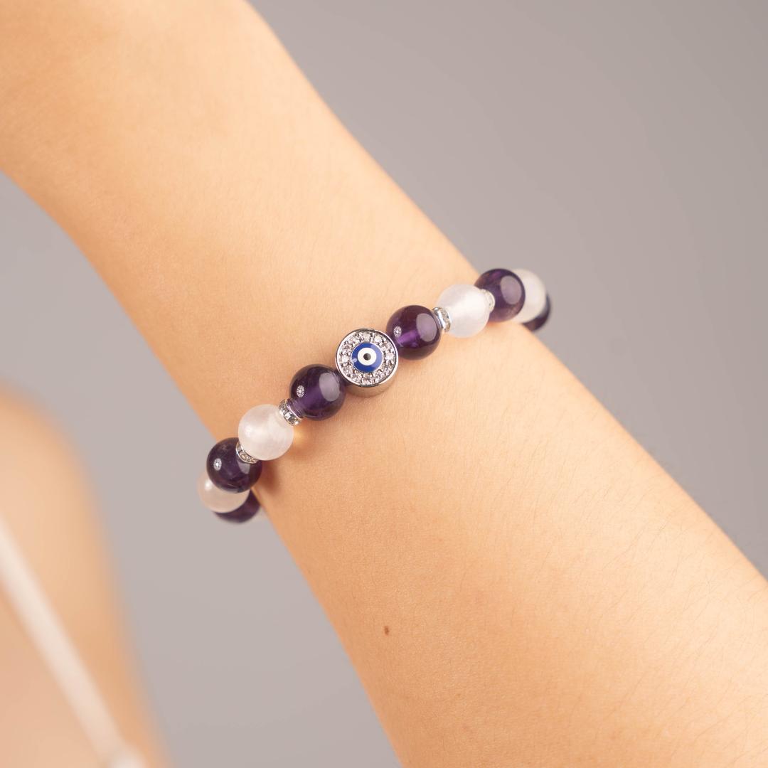 Amethyst x Selenite (Evil Eye) Crystal Bracelet  Ameliorate Crystals