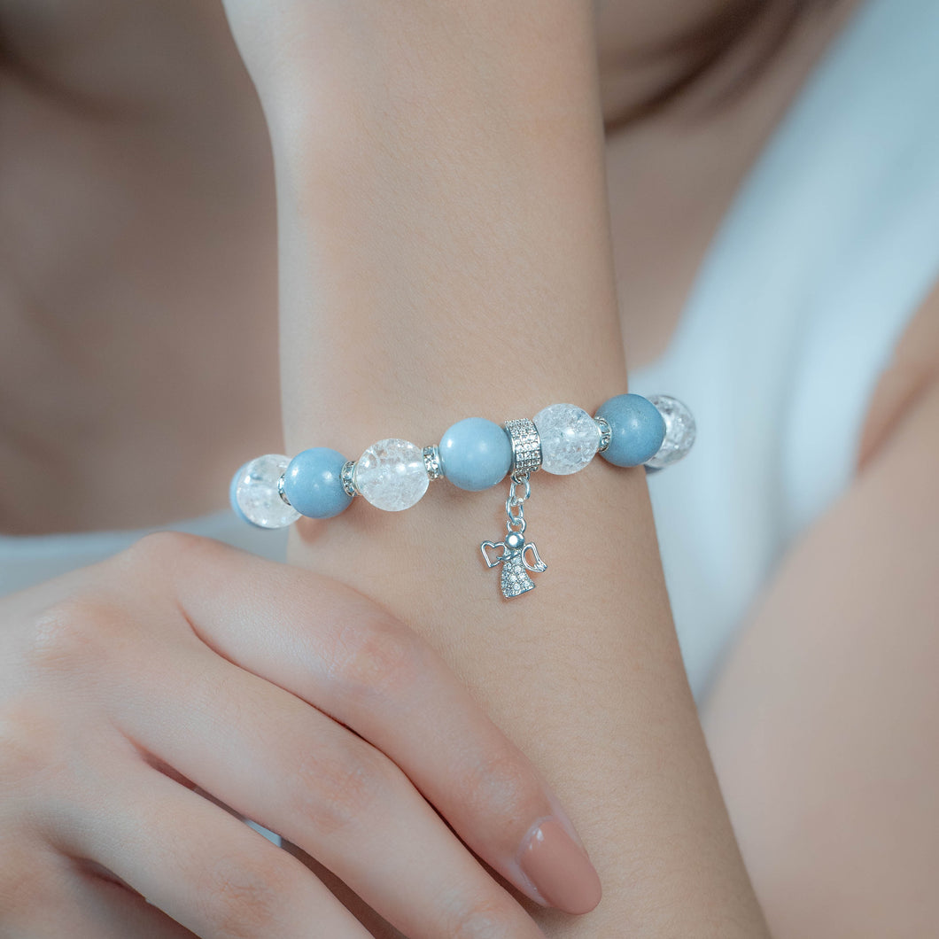 Angelite x Frosted Clear Quartz Crystal Bracelet (Silver Angel Charm)