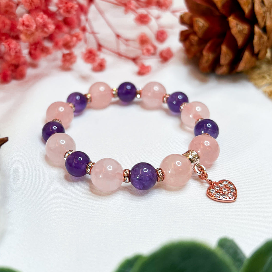 Amethyst x Rose Quartz Crystal Bracelet (Rose Gold Heart)