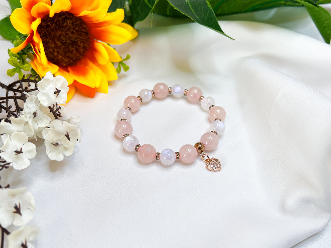 Rose Moon (Rose Quartz, Rainbow Moonstone, Heart Charm) Crystal Bracelet