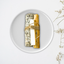 Load image into Gallery viewer, Ameliorate Crystals Cleansing Bundle: White Sage, Palo Santo, Selenite Stick
