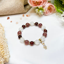 Load image into Gallery viewer, Princess Garnet (Garnet, Strawberry Quartz, Frosted Clear Quartz, Gold Plated Angel Charm) Crystal Bracelet
