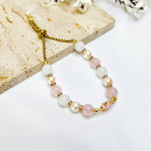 Load image into Gallery viewer, Princess Odette (Rose Quartz, White Jade, Freshwater Pearl, Gold Clover Charm) Slider Crystal Bracelet
