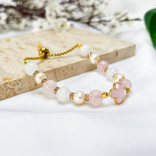 Load image into Gallery viewer, Princess Odette (Rose Quartz, White Jade, Freshwater Pearl, Gold Clover Charm) Slider Crystal Bracelet
