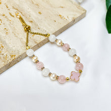 Load image into Gallery viewer, Princess Odette (Rose Quartz, White Jade, Freshwater Pearl, Gold Clover Charm) Slider Crystal Bracelet
