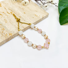 Load image into Gallery viewer, Princess Odette (Rose Quartz, White Jade, Freshwater Pearl, Gold Clover Charm) Slider Crystal Bracelet
