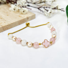 Load image into Gallery viewer, Princess Odette (Rose Quartz, White Jade, Freshwater Pearl, Gold Clover Charm) Slider Crystal Bracelet
