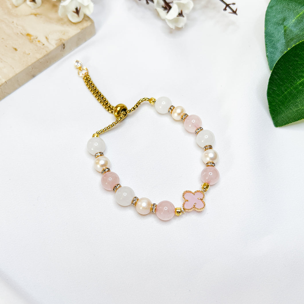 Princess Odette (Rose Quartz, White Jade, Freshwater Pearl, Gold Clover Charm) Slider Crystal Bracelet