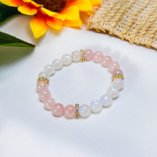 Load image into Gallery viewer, Lylia (Rose Quartz, Rainbow Moonstone, 18k Gold Plated Spacers) Crystal Bracelet
