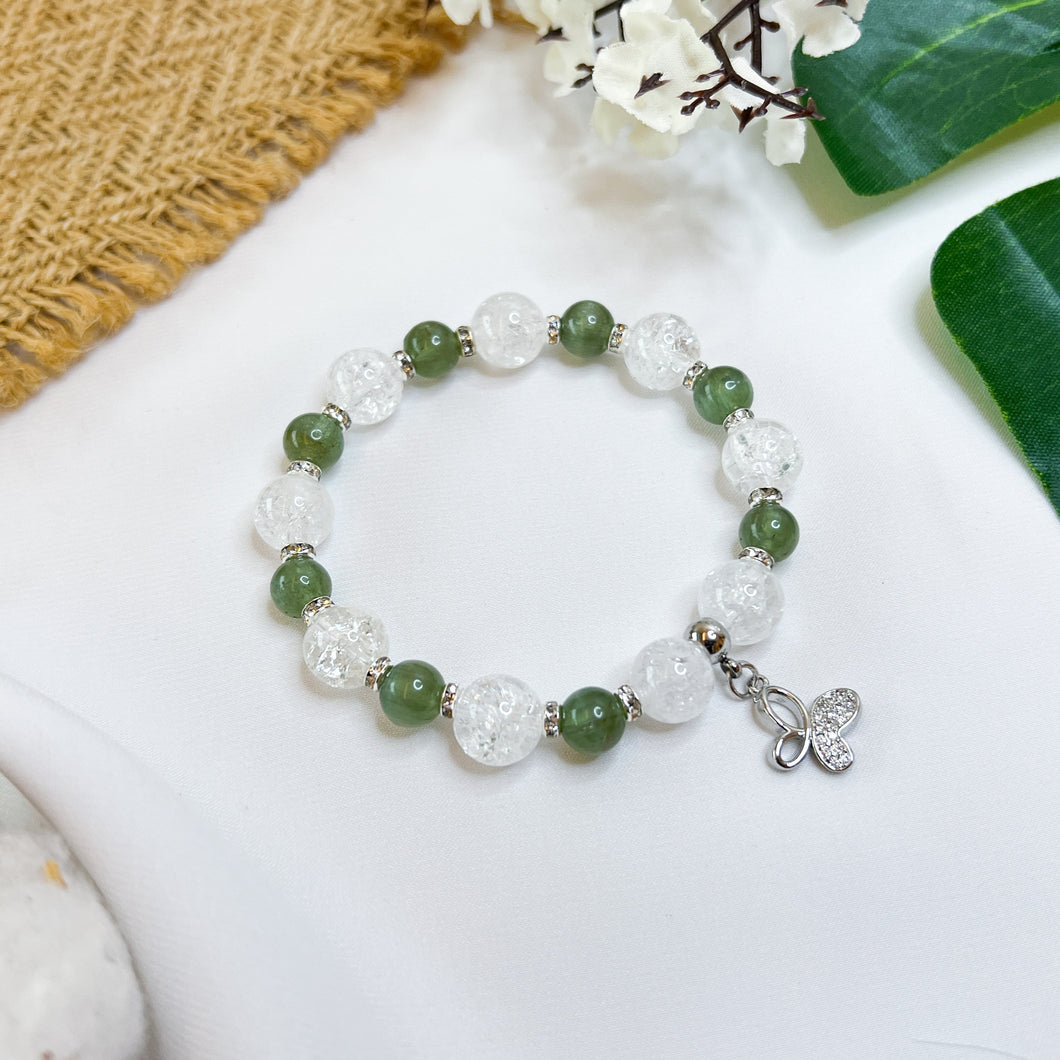 Green Apatite x Frosted Quartz (Butterfly Charm) Crystal Bracelet