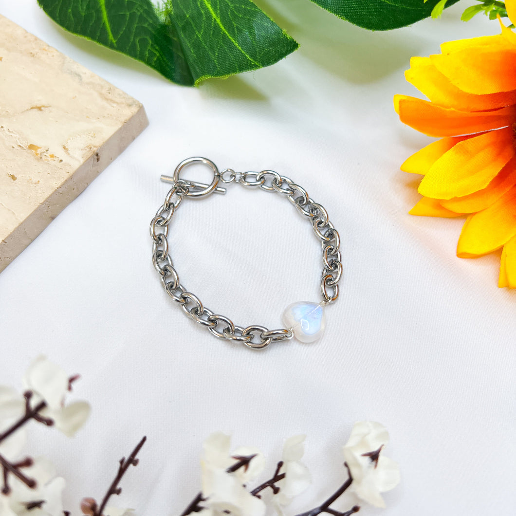 Rainbow Moonstone Heart Tarnish Resistant 304 Stainless Steel Crystal Bracelet