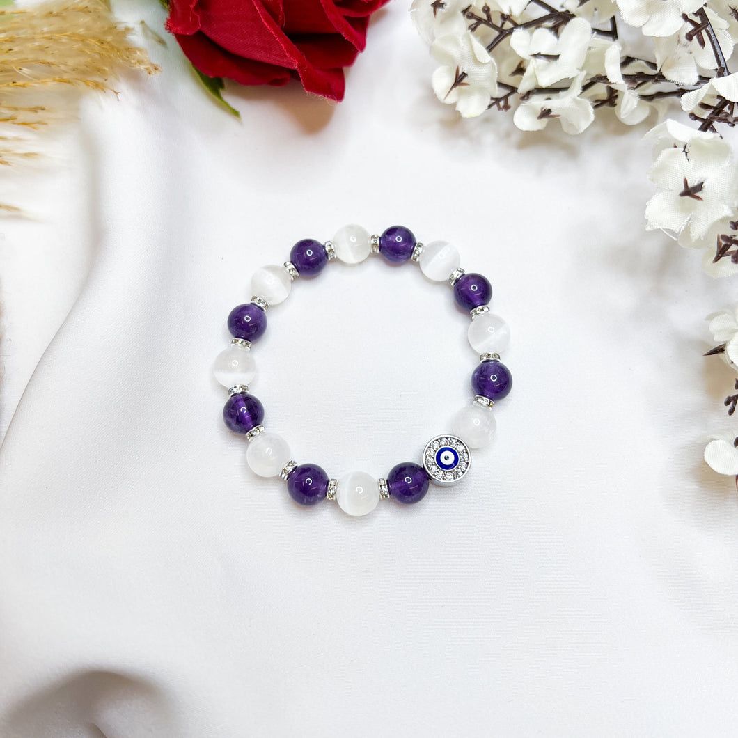 Amethyst x Selenite (Evil Eye) Crystal Bracelet