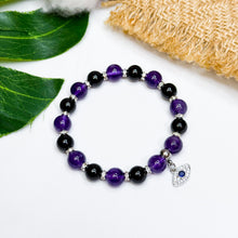 Load image into Gallery viewer, Amethyst x Black Tourmaline Crystal Bracelet (Evil Eye)
