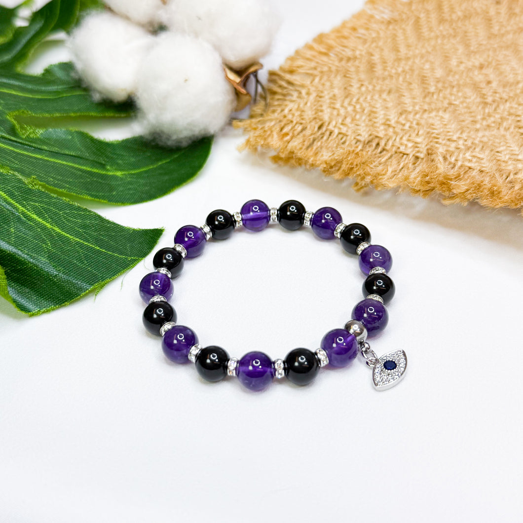 Amethyst x Black Tourmaline Crystal Bracelet (Evil Eye)